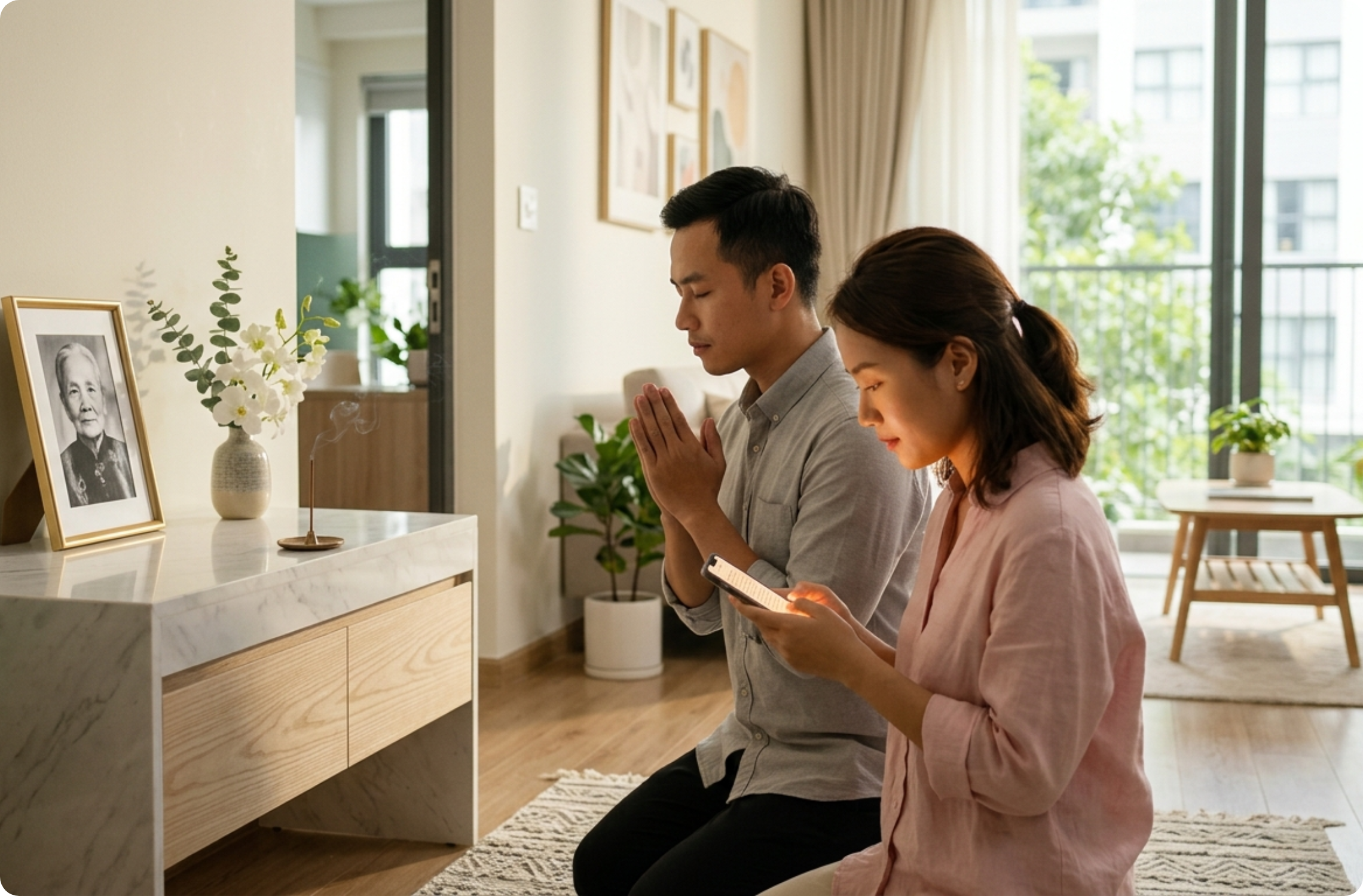 Đôi bạn trẻ dùng app văn khấn tại bàn thờ gia đình